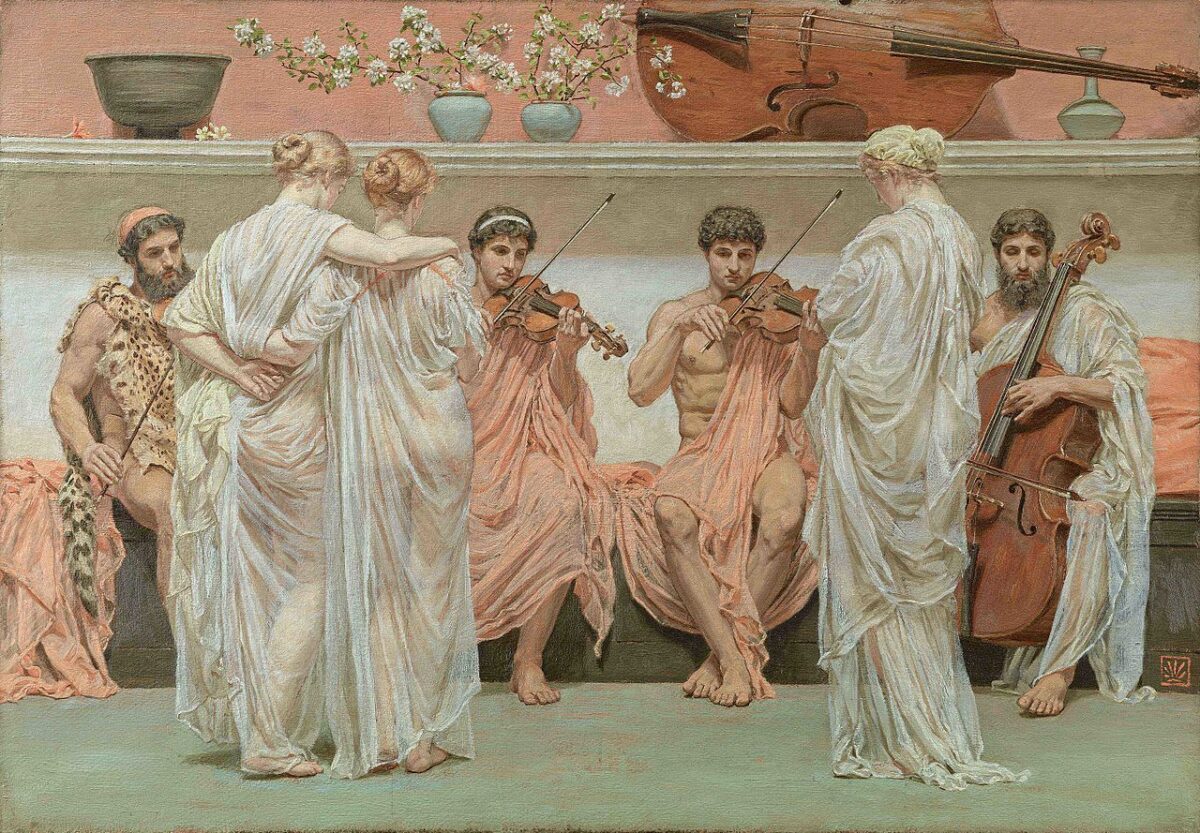 Tác phẩm “Bản tứ tấu, một họa sĩ vinh danh âm nhạc,” của họa sĩ Albert Joseph Moore, năm 1868. Bộ sưu tập của Juan Antonio Pérez Simón (Ảnh: Tài sản công)