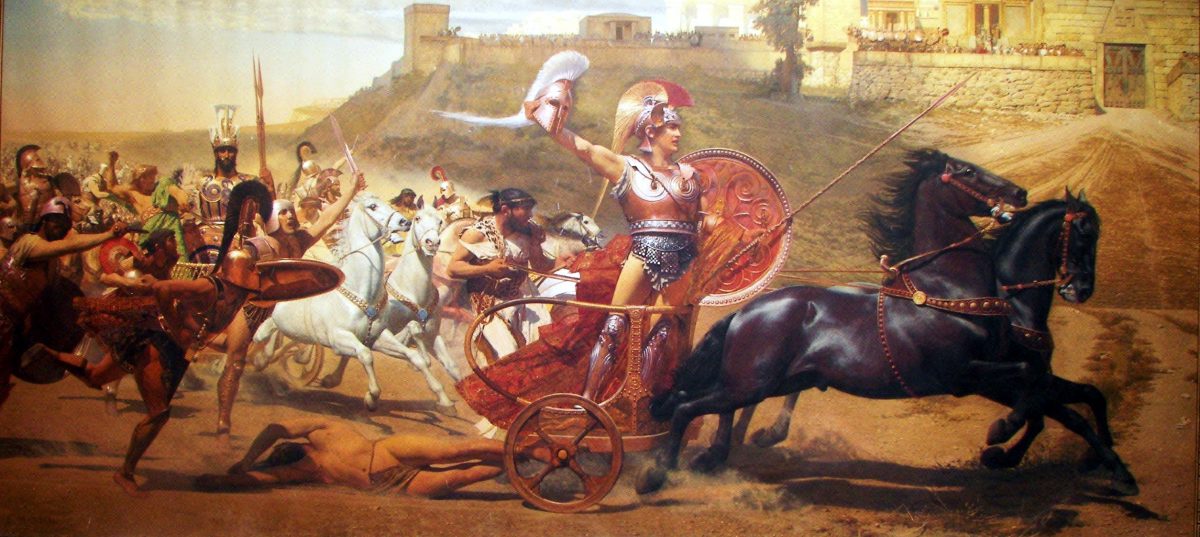 “Chiến thắng của Achilles,” 1892, của họa sĩ  Franz Matsch. Chàng Achilles kéo thi thể của hoàng tử Hector quanh thành Troy, tranh vẽ dựa trên một bức bích họa toàn cảnh ở cung điện Achilleion. (Ảnh: Tài sản công)