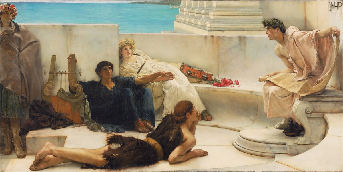 Sử thi “Odyssey” của thi hào Homer là câu chuyện về một người cha tìm lại trật tự cho quê nhà. Bức tranh “Buổi đọc sách từ Homer” do họa sĩ Lawrence Alma Tadema vẽ. Bảo tàng Nghệ thuật Philadelphia. (Ảnh: Tài sản công)