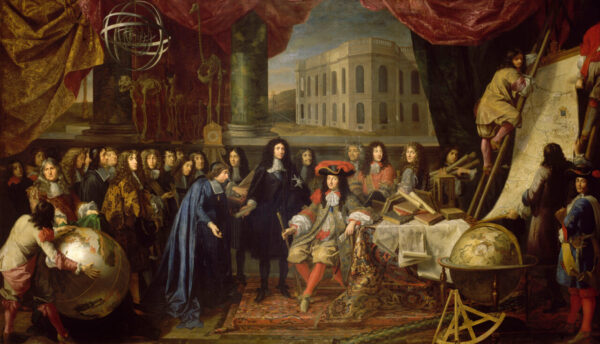 Ông Jean Baptiste Colbert đang giới thiệu các thành viên của Viện Hàn Lâm Khoa Học Hoàng Gia với Vua Louis XIV vào năm 1667. Tác phẩm “Thành lập Viện Hàn Lâm Khoa Học Pháp và Đài quan sát thiên văn Paris,” do họa sĩ Charles Le Brun thực hiện và họa sĩ Henri Testelin hoàn thiện. Cung Điện Versailles, thủ đô Paris. (Ảnh: PD-US)
