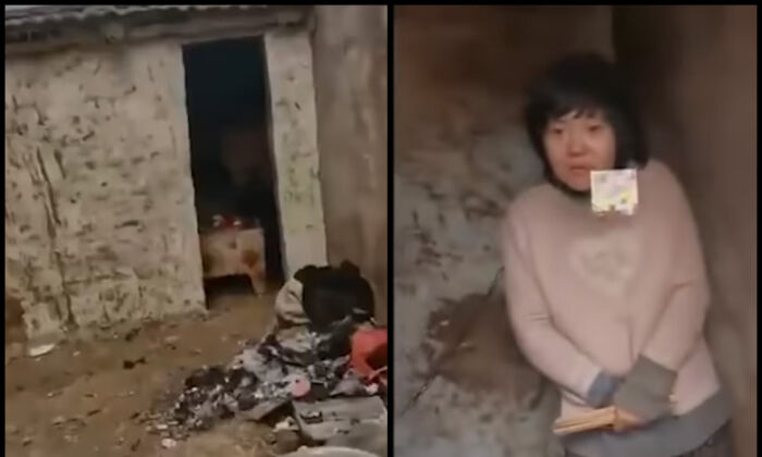 Các ảnh chụp màn hình từ video cho thấy một bà mẹ tám con đang bị xiềng xích trong một túp lều trong làng ở thành phố Từ Châu, Giang Tô, Trung Quốc, vào tháng 01/2022. (Ảnh chụp màn hình qua Douyin)
