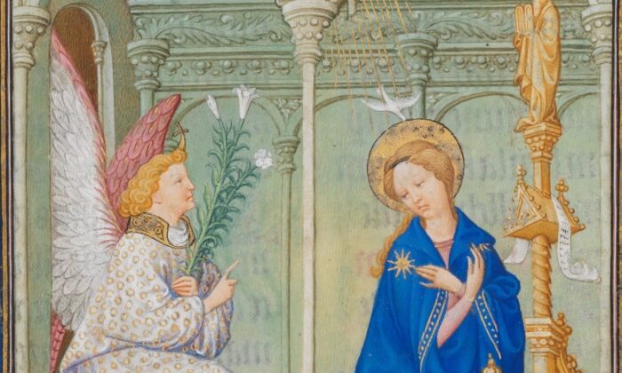 Một chi tiết của bức tranh “The Annunciation” (Thiên sứ truyền tin) trong bản thảo “The Beautiful Hours of Jean of France, Duke of Berry” (Sách tụng kinh đẹp mắt của Jean nước Pháp, Công tước xứ Berry). Bộ sưu tập Cloisters, năm 1954, tại Viện bảo tàng Mỹ thuật Metropolitan, New York. (Ảnh: Tài sản công)