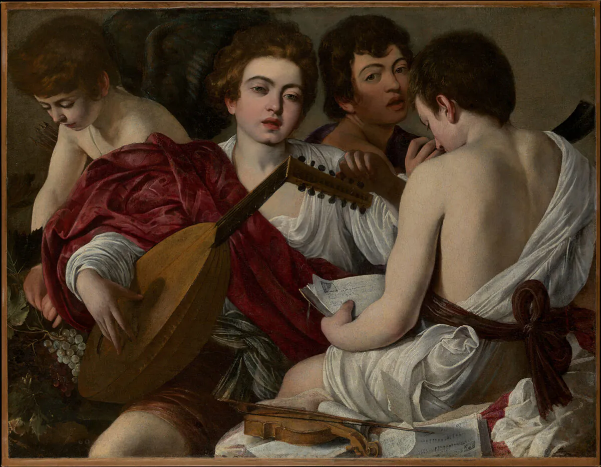 Tác phẩm “The Musicians” (Những người nhạc công) của danh họa Caravaggio, năm 1597. Tranh sơn dầu trên vải canvas. Viện Bảo tàng Nghệ thuật Metropolitan, thành phố New York. (Ảnh: Tài sản công)
