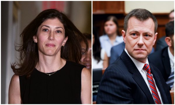 Bà Lisa Page tại Điện Capitol vào ngày 13/07/2018 và ông Peter Strzok tại Điện Capitol vào ngày 12/07/2018. (Ảnh: Andrew Caballero-Reynolds/AFP/Getty Images; Samira Bouaou/The Epoch Times)