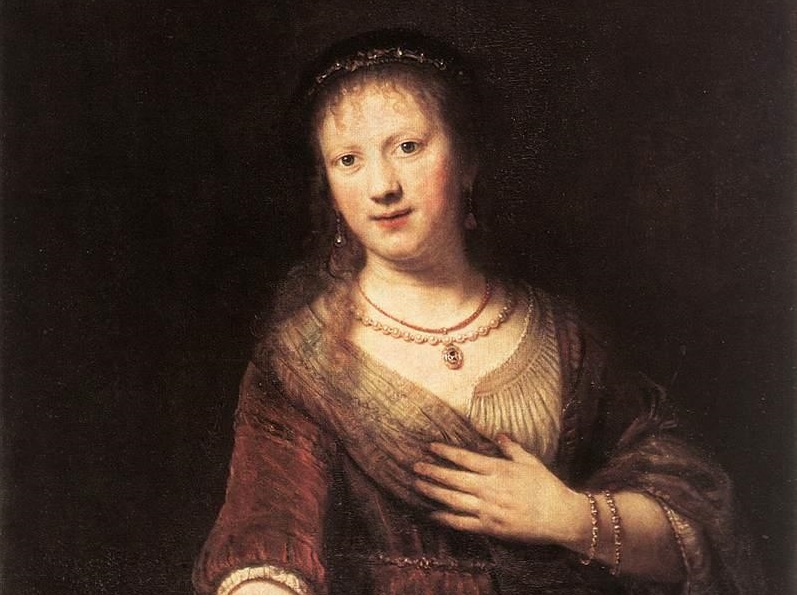 Chi tiết bức họa “Saskia With the Red Flower,” do Rembrandt vẽ năm 1641. Tranh sơn dầu trên gỗ sồi; kích thước 96.5cm x 81.9cm. Thư viện ảnh Old Masters, Bộ sưu tập nghệ thuật bang Dresden. (Ảnh: Tư liệu công cộng)