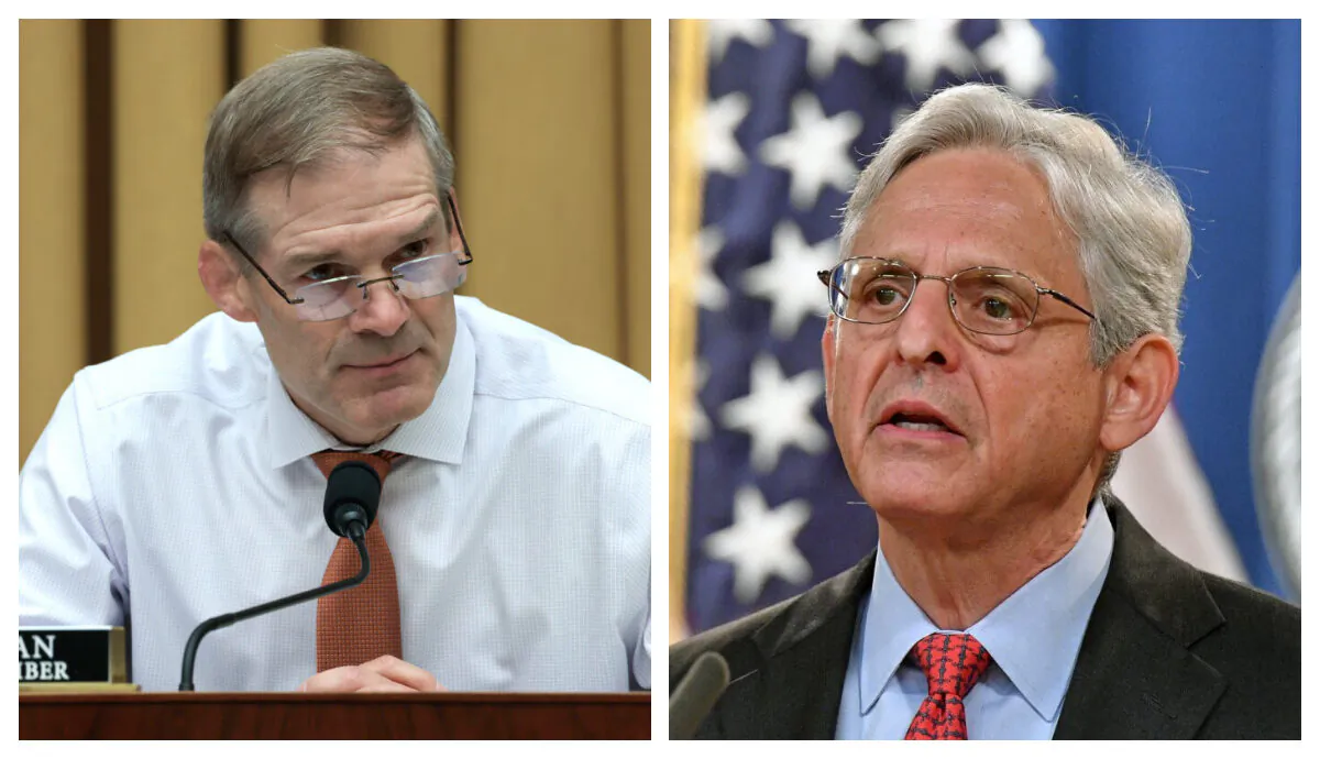 Chủ tịch Ủy ban Tư pháp Hạ viện Jim Jordan (Cộng Hòa-Ohio) và Tổng Chưởng lý Merrick Garland trong các bức ảnh tư liệu. (Ảnh: Anna Moneymaker/Getty Images và Mandel Ngan/AFP qua Getty Images)