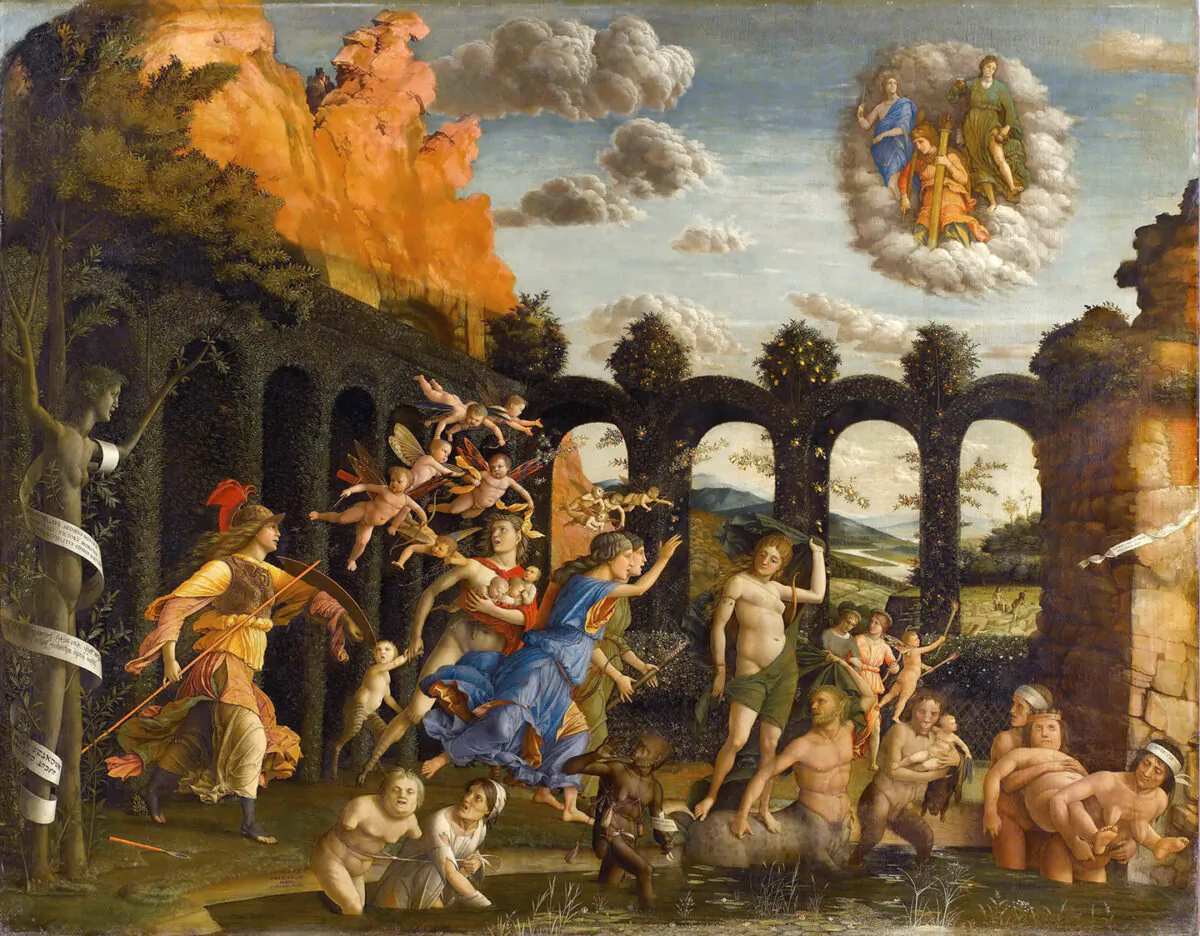 Bức tranh của họa sĩ Mantegna khích lệ chúng từ bỏ những thói hư tật xấu để đức hạnh có thể phát triển. Tác phẩm “Minerva Expelling the Vices from the Garden of Virtue” (Nữ Thần Minerva đuổi các Thói xấu khỏi Khu vườn Đức hạnh) của họa sĩ Andrea Mantegna, khoảng năm 1502. Tranh Sơn dầu trên vải canvas, kích thước 5.25 feet x 6.3 feet. Viện bảo tàng Louvre. (Ảnh: Tư liệu công cộng)