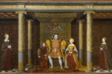 Chân dung triều đại Vua Henry VIII bên người vợ thứ ba của ông, Hoàng hậu Jane Seymour, và Hoàng tử Edward cùng Công chúa Mary bên trái và Công chúa Elizabeth bên phải. Tác phẩm “The Family of Henry VIII” (Gia đình vua Henry VIII) của họa sĩ khuyết danh vẽ khoảng năm 1545. Tranh sơn dầu trên vải canvas, kích thước: 55 ½ inches x 140 inches. Cung điện Hampton Court, Vương quốc Anh. (Ảnh: Tài liệu công cộng)