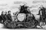 Cựu tổng thống Martin Van Buren bại trận rời Hoa Thịnh Đốn trên một chiếc xe được các đồng minh chính trị của ông đẩy đi. Tân tổng thống William Henry Harrison đứng ở bậc thềm bên phải, phía sau ông Henry Clay, người cầm một tờ thông báo trục xuất và chìa khóa của Tòa Bạch Ốc. Tác phẩm gốc; do ông H. R. Robinson in. (Ảnh: MPI/Getty Images)
