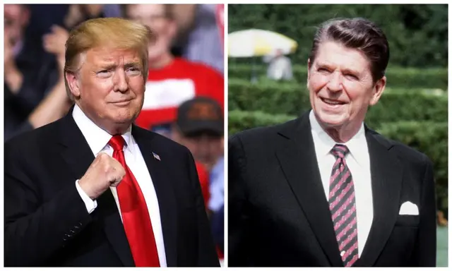Cựu Tổng thống Donald Trump tại một cuộc tập hợp MAGA ở Grand Rapids, Michigan, vào ngày 28/03/2019, và cựu Tổng thống Ronald Reagan ở Ottawa, Canada, vào ngày 18/07/1981. (Ảnh: Charlotte Cuthbertson/The Epoch Times và Georges Bendrihem/AFP/Getty Images)