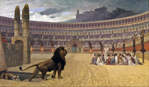 “Lời cầu nguyện cuối cùng của các tín đồ Cơ Đốc tử vì đạo” (The Christian Martyrs Last Prayer) mô tả cảnh người La Mã cổ đại bức hại tàn khốc các tín đồ Cơ Đốc: trên các cây cột xung quanh đấu trường, bên trái là các tín đồ Cơ Đốc bị thiêu trên cọc, và bên phải là các tín đồ Cơ Đốc bị hành quyết trên thập giá. Một nhóm tín đồ Cơ đốc ở giữa sẽ bị thú dữ xé xác, nhưng vô số dân chúng trên khán đài chứng kiến ​​cảnh tượng bi thảm này mà không hề có chút động lòng. (Ảnh: Tài sản công)