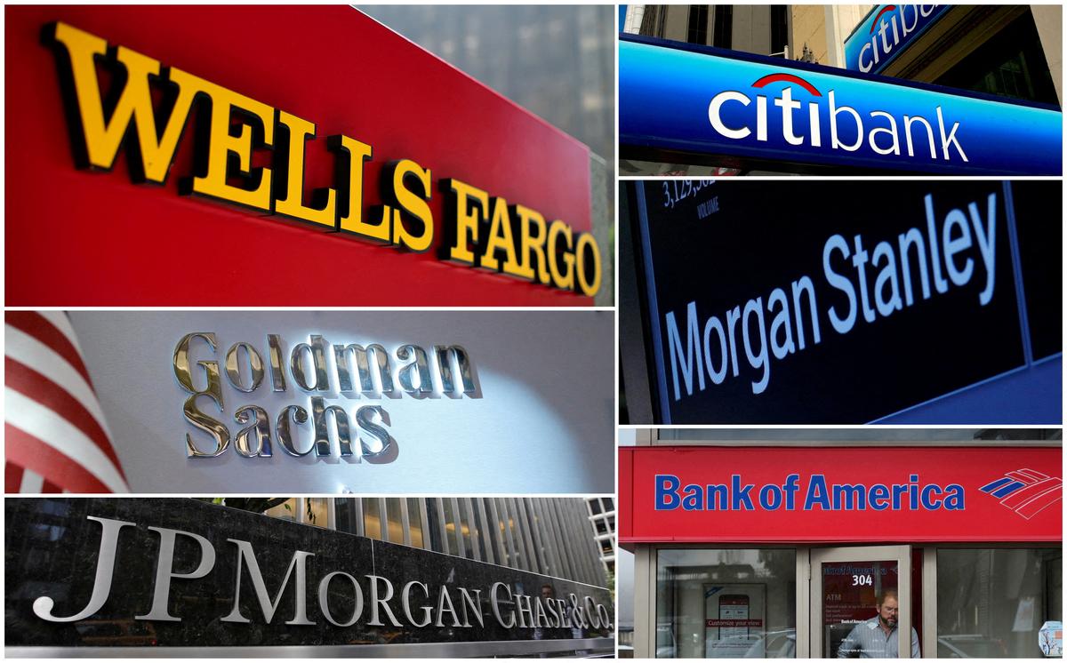 Một bức hình ghép các bức ảnh chụp biển hiệu của Wells Fargo, Citibank, Morgan Stanley, JPMorgan Chase, Bank of America, Morgan Stanley, và Goldman Sachs. (Ảnh: Kho lưu trữ của Reuters)