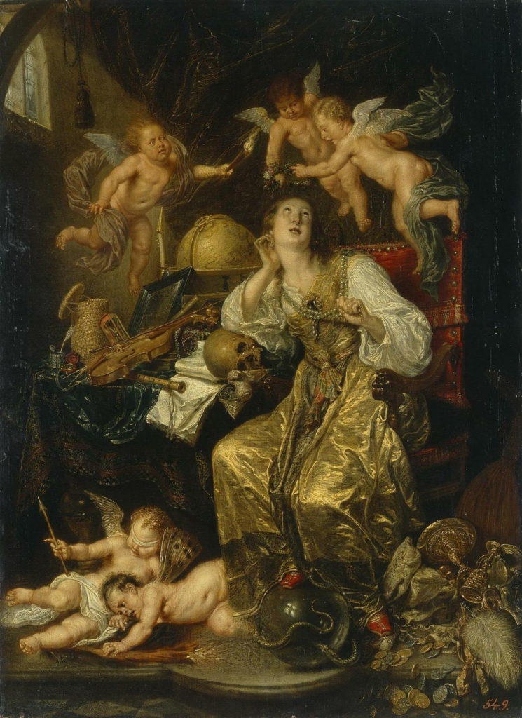 Bức tranh “Allegory of Prudence Triumphing Over Vanity (Allegory of Faith)” (Câu truyện ngụ ngôn về sự thận trọng chiến thắng thói tự phụ (Ngụ ngôn về đức tin)) của họa sĩ David Teniers Con vẽ năm 1651–90. Sơn dầu trên bảng gỗ. Bảo tàng Hermitage, Saint Petersburg, Nga. (Ảnh: Tài liệu công cộng)