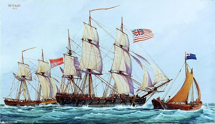 Dưới sự chỉ huy của thuyền trưởng Abraham Whipple, tàu Columbus mang theo thuyền hai buồm Lord Lifford của Anh, khi đang hoạt động ngoài khơi bờ biển New England năm 1776. Tranh của họa sĩ W. Nowland Van Powell. (Ảnh: Tài liệu công cộng)