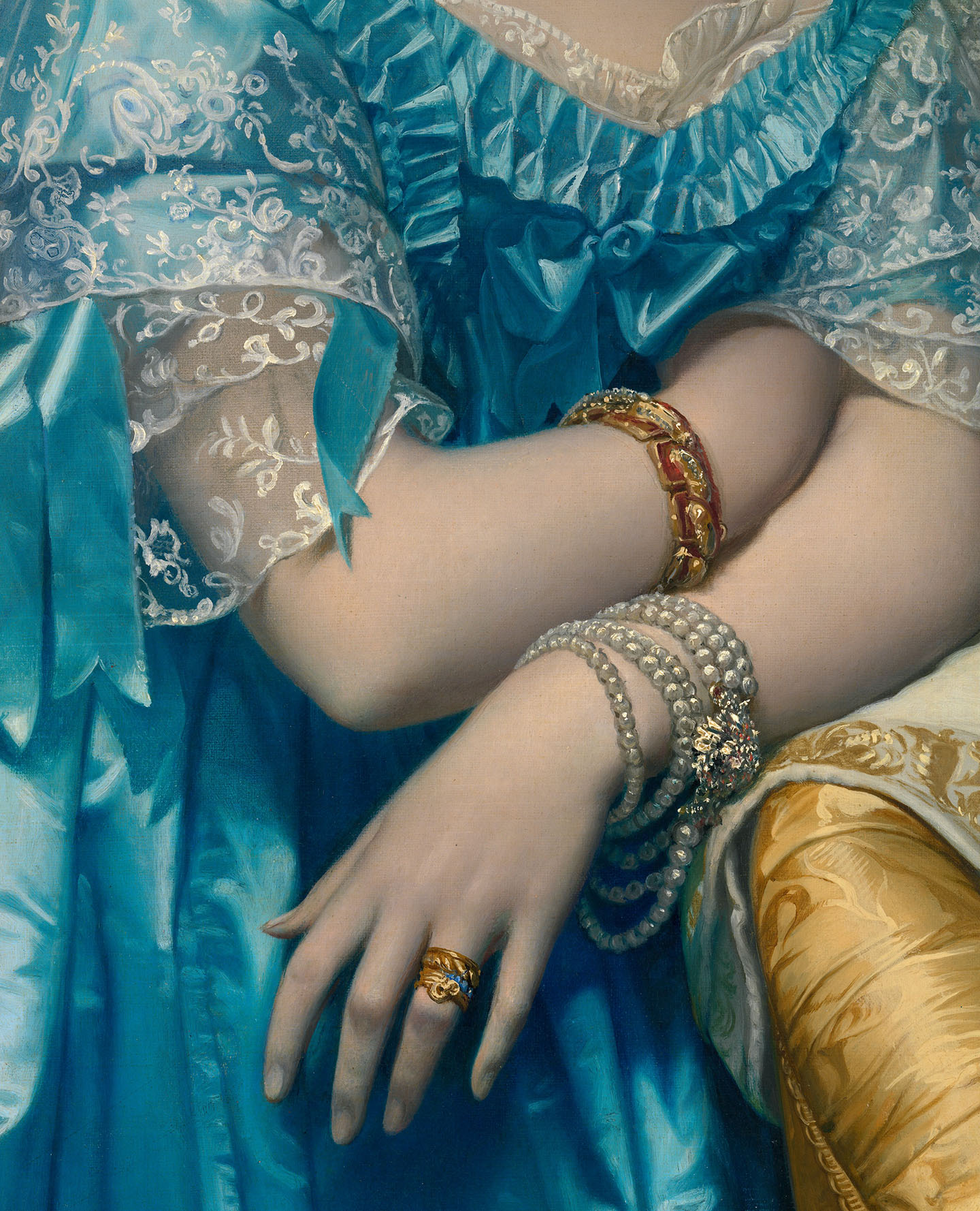 Chi tiết về đồ trang sức trong bức chân dung “Joséphine-Eléonore-Marie-Pauline de Galard de Brassac de Béarn (1825–1860), Princesse de Broglie” (Joséphine-Eléonore-Marie-Pauline de Galard de Brassac de Béarn (1825–1860), Công chúa de Broglie) của danh họa Jean Auguste Dominique Ingres, năm 1851–1853.