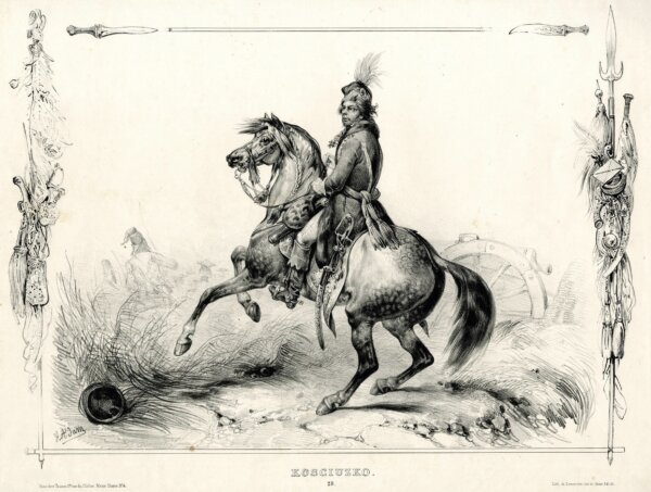Một bản in thạch bản của nhà lãnh đạo quân sự Thaddeus Kosciuszko mặc áo khoác viền lông, đội mũ lông vũ, và đeo thanh kiếm, của họa sĩ Victor Adam, năm 1885. Bảo tàng Anh, London. (Ảnh: Tài liệu công cộng)