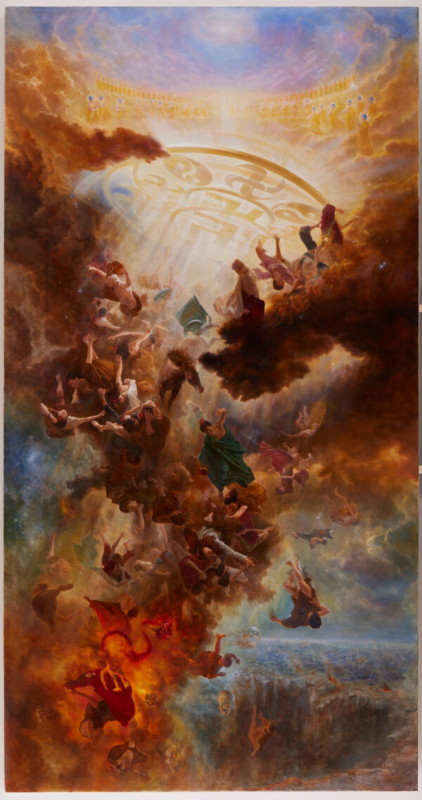 Tác phẩm “The Infinite Grace of Buddha” (Phật ân hạo đãng) (Phải) của họa sĩ Thái Thiếu Hàng. (Ảnh: Cuộc thi Vẽ tranh Nhân vật Quốc tế NTD)