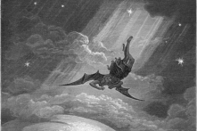 Một phần bức tranh phỏng theo khổ thơ “Towards the coast of Earth beneath,/Down from the ecliptic, sped with hoped success,/Throws his steep flight in many an aery wheel” (Hướng về bờ Địa Cầu bên dưới/Hạ xuống từ đường hoàng đạo, tăng tốc với hy vọng thành công/ Hắn ném mình trong chuyến bay dốc xoay nhiều vòng trên không.” (Cuốn 3, Dòng 739–741), năm 1866, của họa sĩ Gustav Doré cho thiên sử thi “Paradise Lost” (Thiên Đường Đã Mất) của thi hào John Milton. Tranh khắc. (Ảnh: Tư liệu công cộng).