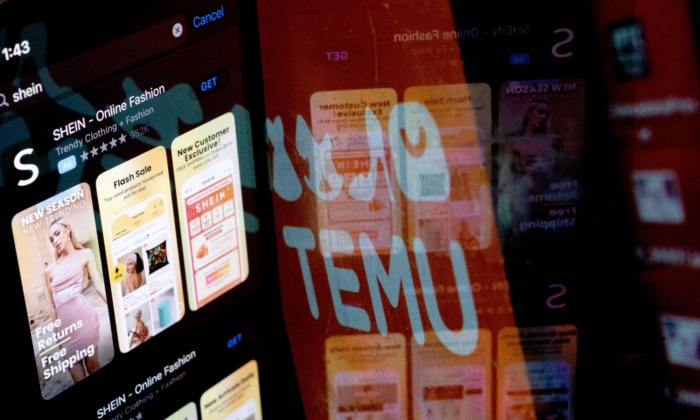 Ứng dụng Shein trên App Store được phản chiếu trên logo của Temu, ở Hoa Thịnh Đốn, hôm 23/02/2023. (Ảnh: Stefani Reynolds/AFP qua Getty Images)