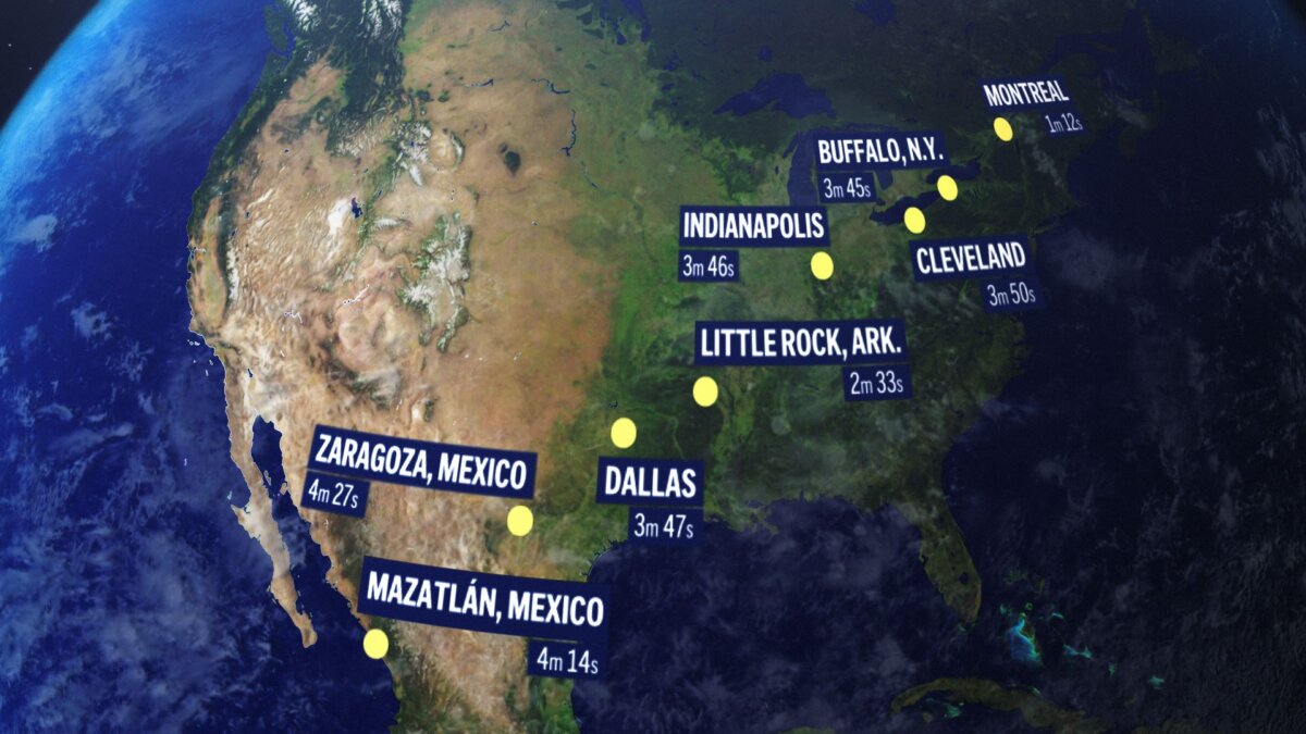 Nhật thực toàn phần vào ngày 08/07 sẽ đi qua bờ biển Thái Bình Dương của Mexico, đi qua Texas và Oklahoma, sau đó băng qua Trung Tây, Trung Đại Tây Dương, và New England, sau đó đi qua miền đông Canada vào Đại Tây Dương. (Ảnh: AP Photo)
