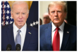 (Bên trái) Tổng thống Joe Biden nói tại Phòng phía Đông của Tòa Bạch Ốc ở Thủ đô Hoa Thịnh Đốn, hôm 23/02/2024. (Bên phải) Cựu Tổng thống Donald Trump đến Tòa án Manhattan ở thành phố New York, hôm 15/02/2024. (Ảnh: Saul Loeb/AFP qua Getty Images; Angela Weiss/AFP qua Getty Images)