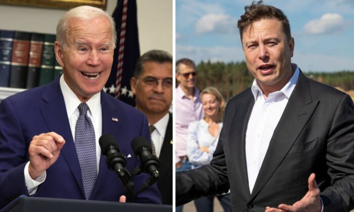 Tổng thống Joe Biden (trái) tại Tòa Bạch Ốc ở Hoa Thịnh Đốn hôm 08/07/2022; Tổng giám đốc Tesla Elon Musk (phải) nói chuyện với giới báo chí gần Berlin hôm 03/09/2020. (Ảnh: Alex Wong/Getty Images; Maja Hitij/Getty Images)