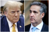 (Trái) Cựu Tổng thống Donald Trump tham dự phiên tòa xét xử ông tại Tòa án Hình sự Manhattan ở thành phố New York, hôm 14/05/2024. (Phải) Ông Michael Cohen, cựu luật sư của ông Donald Trump, rời nhà để đến tham dự ngày lấy lời khai thứ hai tại Tòa án Hình sự Manhattan ở thành phố New York hôm 14/05/2024. (Ảnh: Michael M. Santiago/Pool/AFP qua Getty Images; David Dee Delgado/Getty Images)