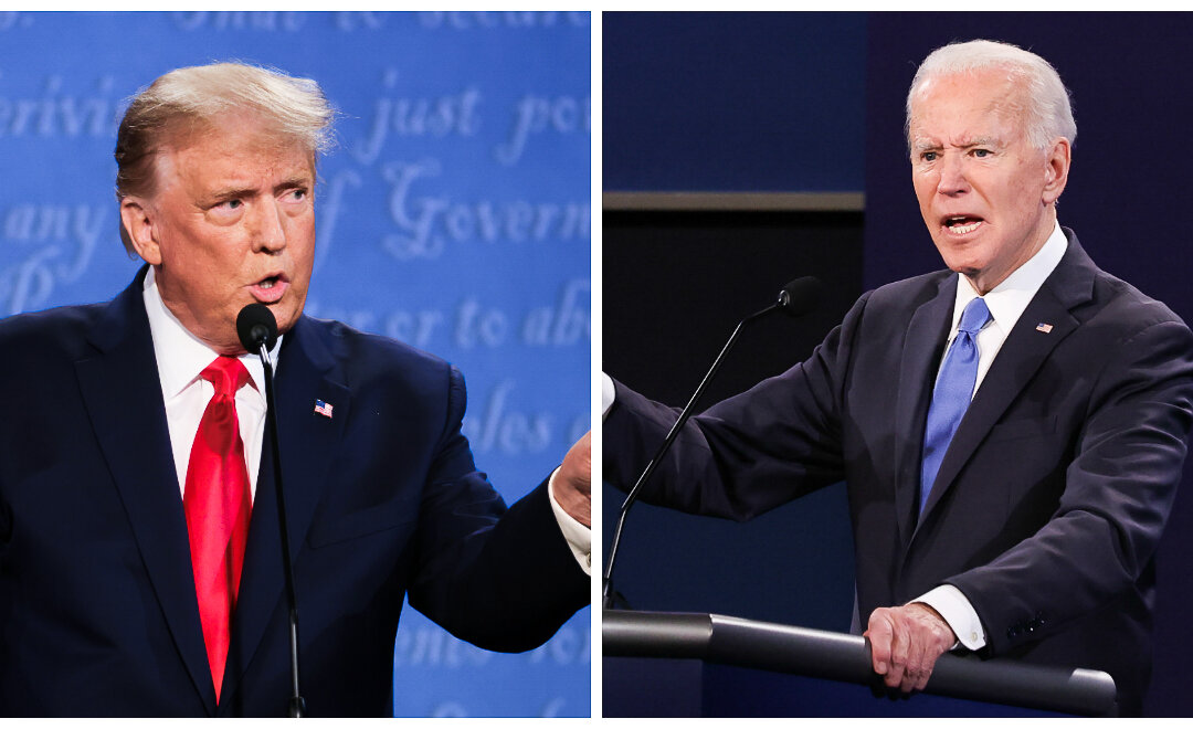 (Bên trái) Tổng thống Donald Trump tham gia cuộc tranh biện tổng thống chung cuộc với ứng cử viên tổng thống của Đảng Dân Chủ Joe Biden tại Đại học Belmont ở Nashville, Tennessee, hôm 22/10/2020. (Bên phải) Ứng cử viên tổng thống của Đảng Dân Chủ Joe Biden tham gia cuộc tranh biện tổng thống chung cuộc với Tổng thống Donald Trump tại Đại học Belmont ở Nashville, Tennessee, hôm 22/10/2020. (Ảnh: Justin Sullivan, Chip Somodevilla/Getty Images)
