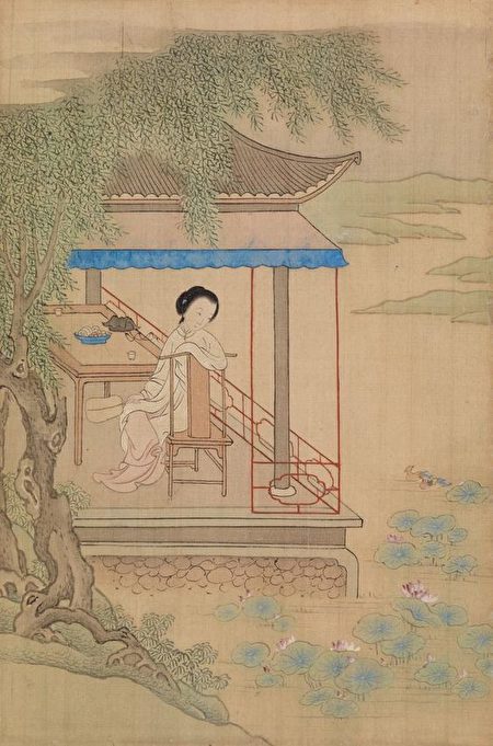 “Kim tác ốc, ngọc vi lung”, ngụ ý người đẹp sống ở nơi hoa lệ, thân phận không phải là người tầm thường, là người trong hoàng cung. Tranh “Sỹ nữ đồ”. (Ảnh: Tài sản công)